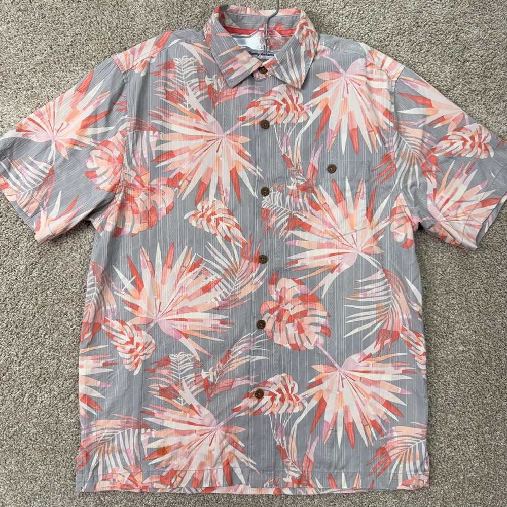 Tommy Bahama Shirt Mens M Silk Blend Tropical Palm Leaf Grey Coral Button Down